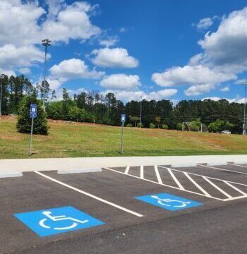 image of handicap parking stalls and signs with a field in the background